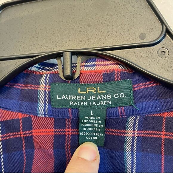 Lauren Jeans Co. Ralph Lauren red white Blue Striped Plaid Button Up Shirt-L - Picture 3 of 8